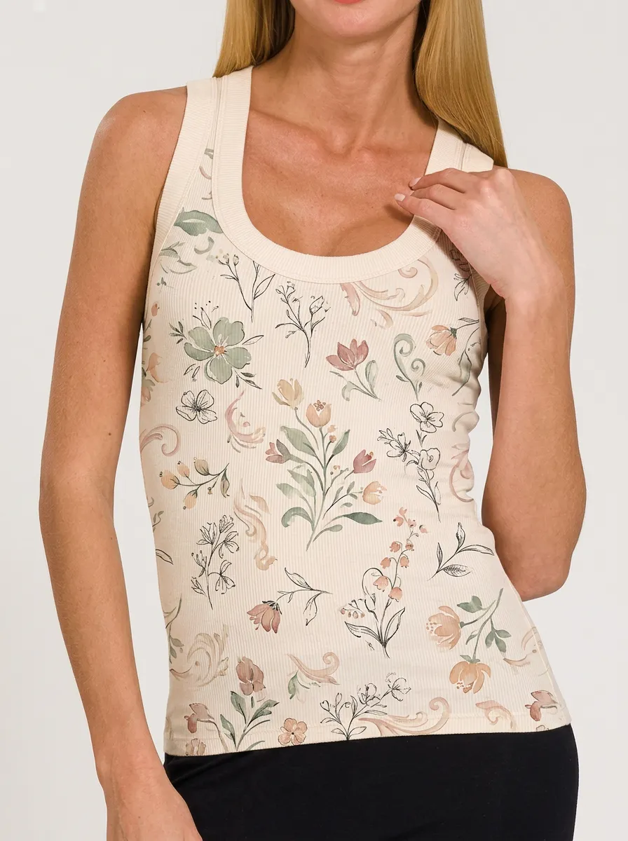 Women's Botanical Floral Aesthetic Printed Ribbed Tank Top