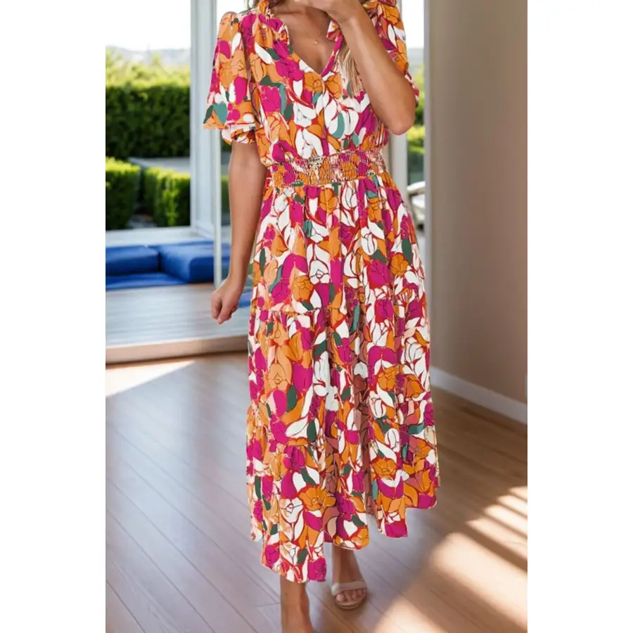 Frill Notched Short Sleeve Midi Dress