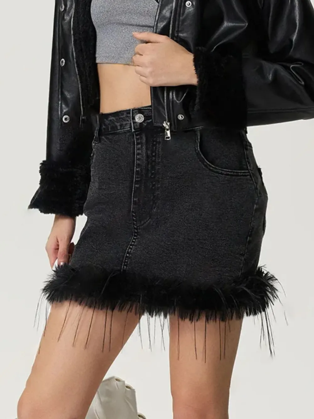 Fine Button Front Denim Detail Skirt