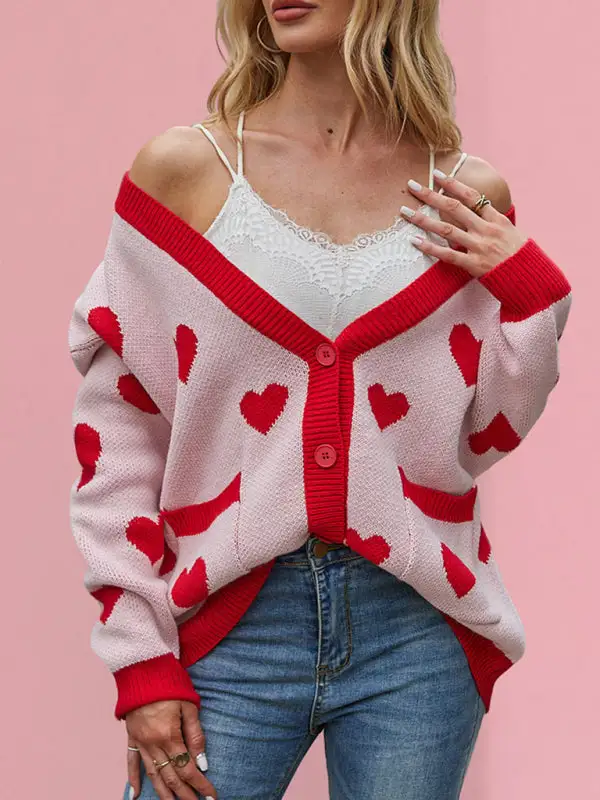 V-Neck Knit Pocketed Knit Jacket