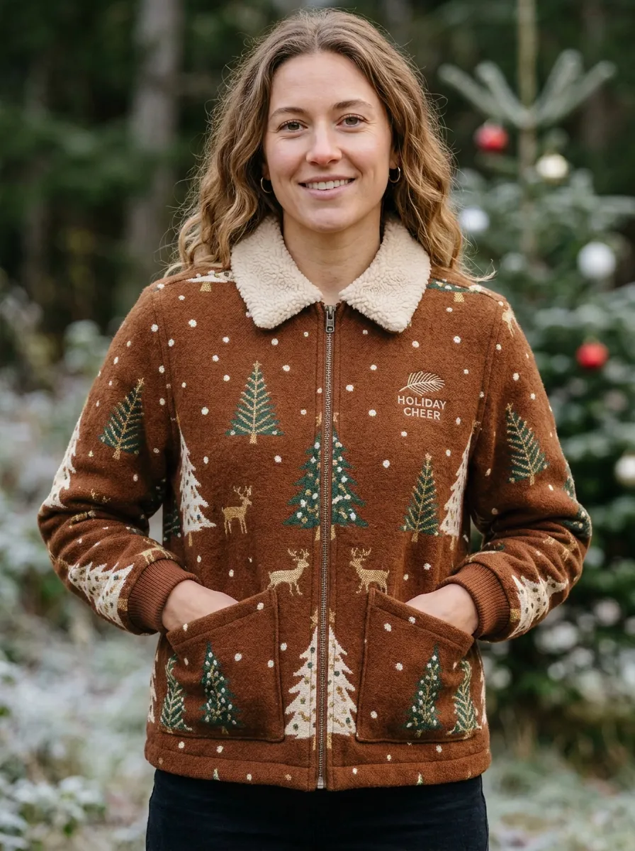 Christmas Holiday Cheer Reindeer Tree Print Fleece Jacket