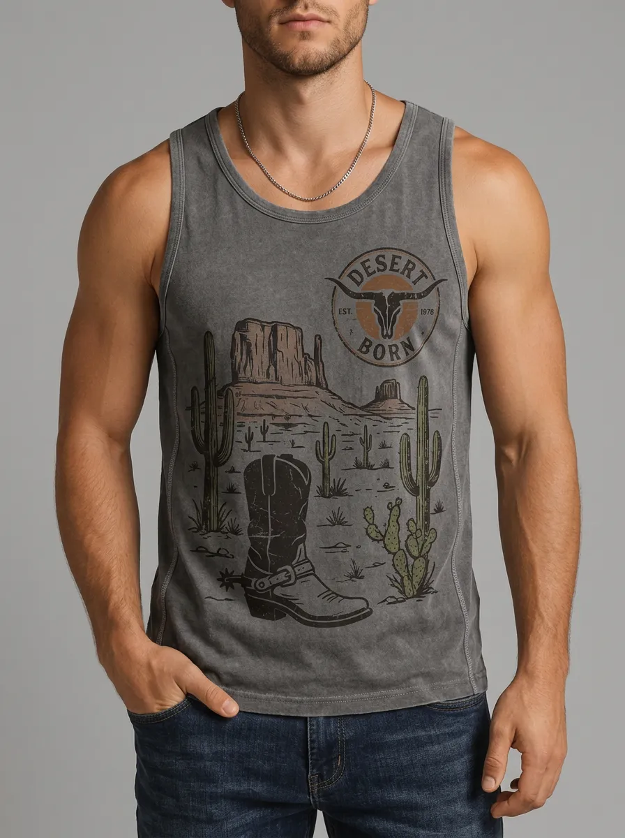 Men's Western Cowboy Desert Born Cactus Printed Tank Top