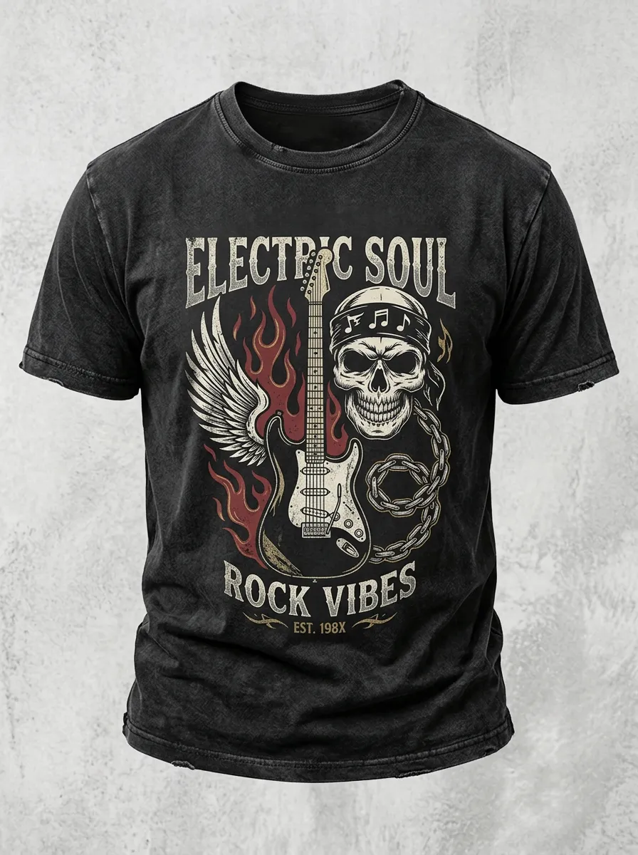 Men's Rock Music Lover Skull Guitar Flame Printed T-shirt