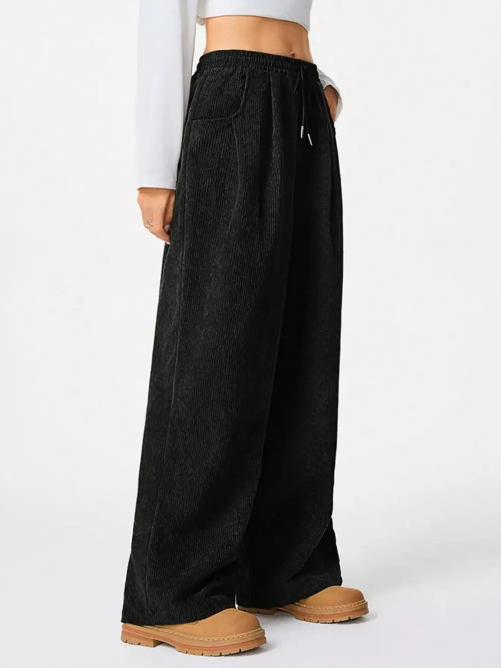 Corduroy Drawstring Relaxed Fit Pocketed Casual Pants