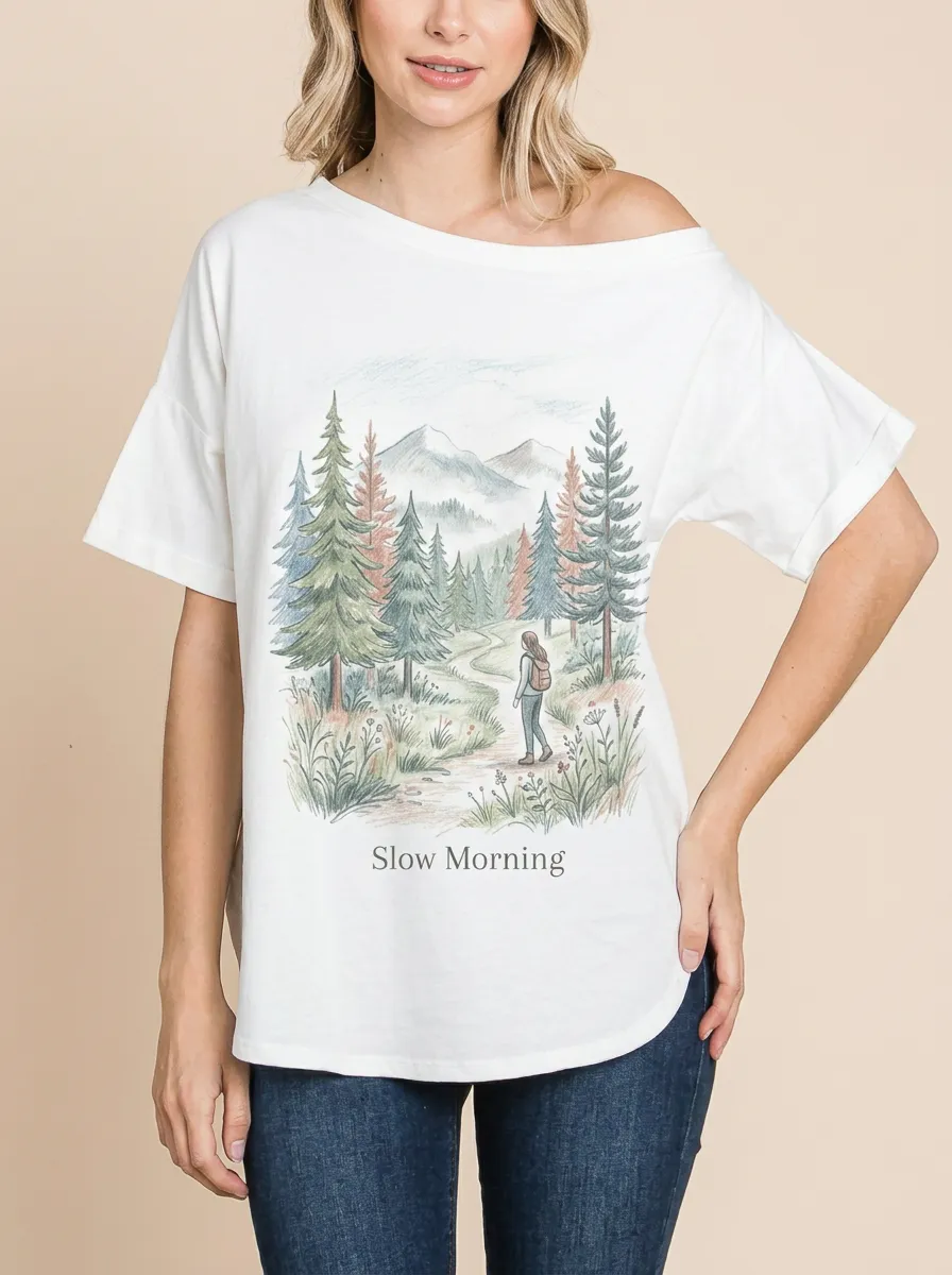 Women's Nature Hiking Slow Morning Forest Mountain Printed T-shirt