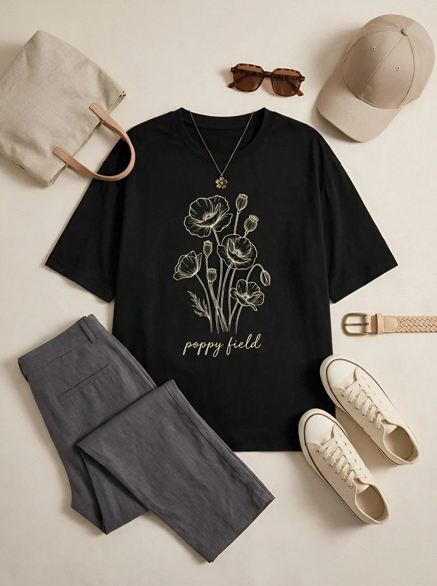 Unisex Nature Lover Poppy Field Line Art Printed T-shirt