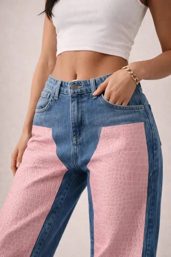 Low Rise Wide Leg Cuffed Crocodile Texture Western Style Denim Jeans
