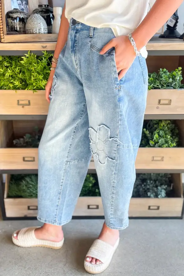 Flower Patch Washed Cropped High Waist Jeans