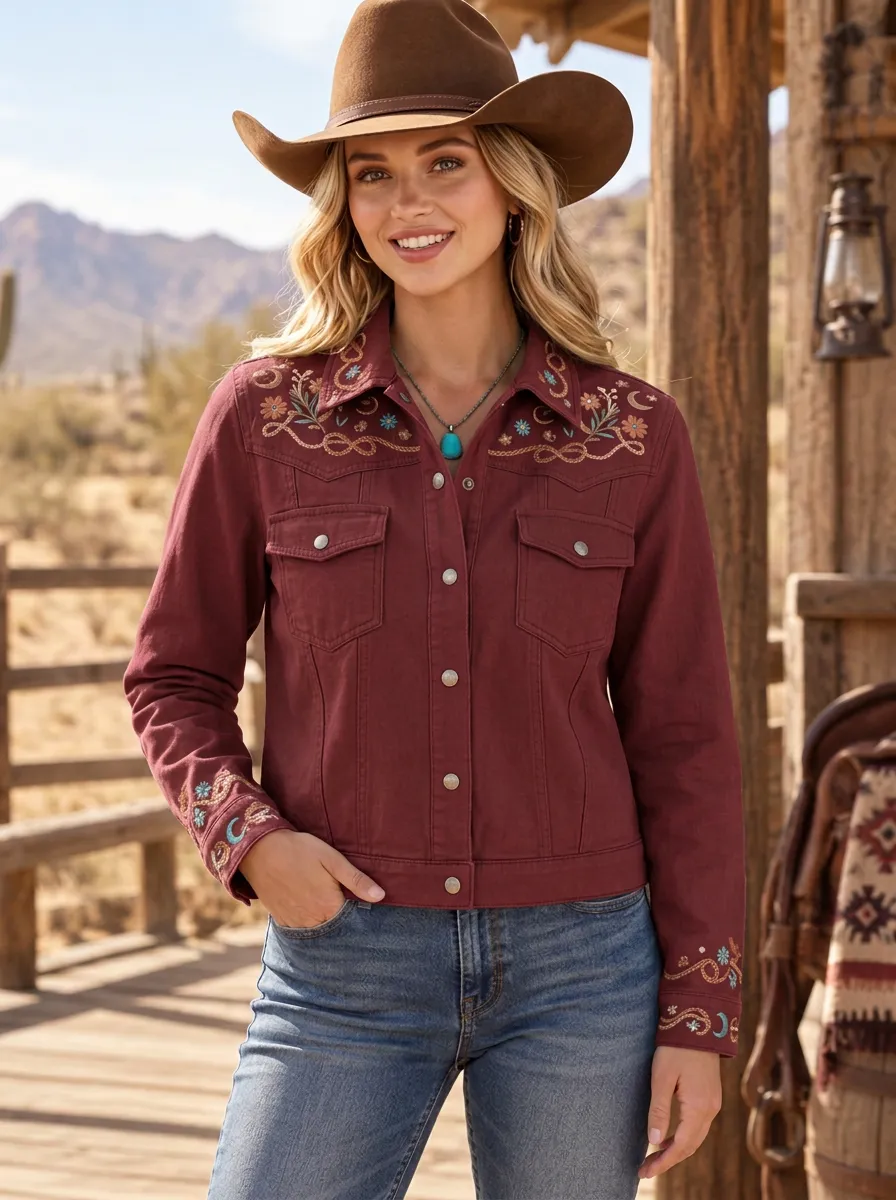 Women's Rodeo Inspired Western Cowgirl Floral Embroidery Floral Embroidered Denim Jacket