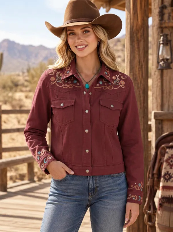 Women's Rodeo Inspired Western Cowgirl Floral Embroidery Floral Embroidered Denim Jacket