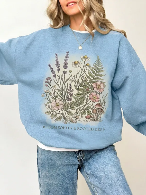 Women's Botanical Nature Lover Wildflower Mushroom Printed Sweatshirt