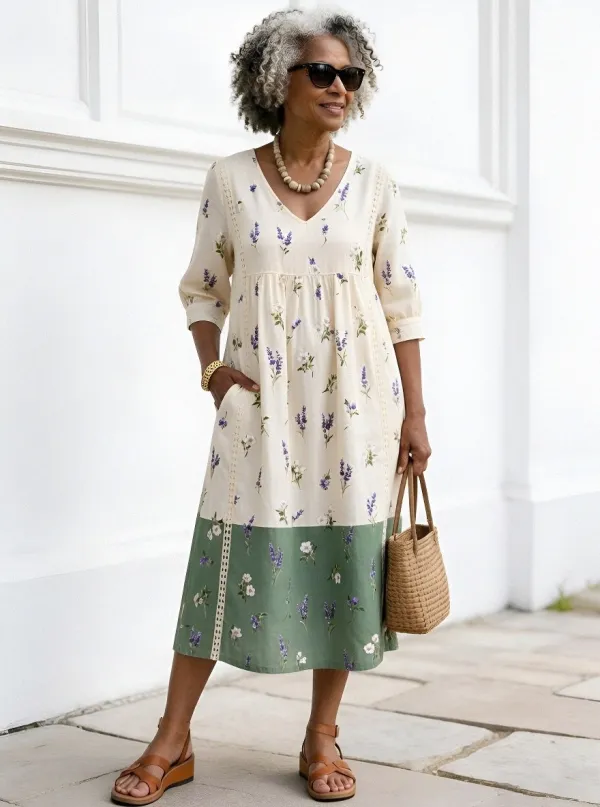 Women's Summer Vacation Lavender Floral Printed Midi Dress