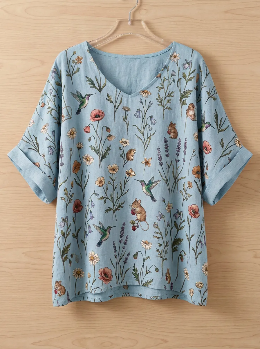 Hummingbird Floral V-Neck Women's Loose Printed Blouse