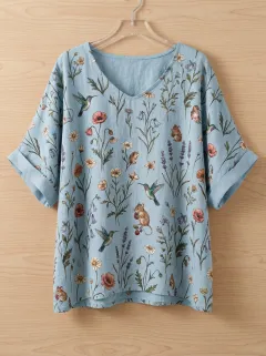 Hummingbird Floral V-Neck Women's Loose Printed Blouse