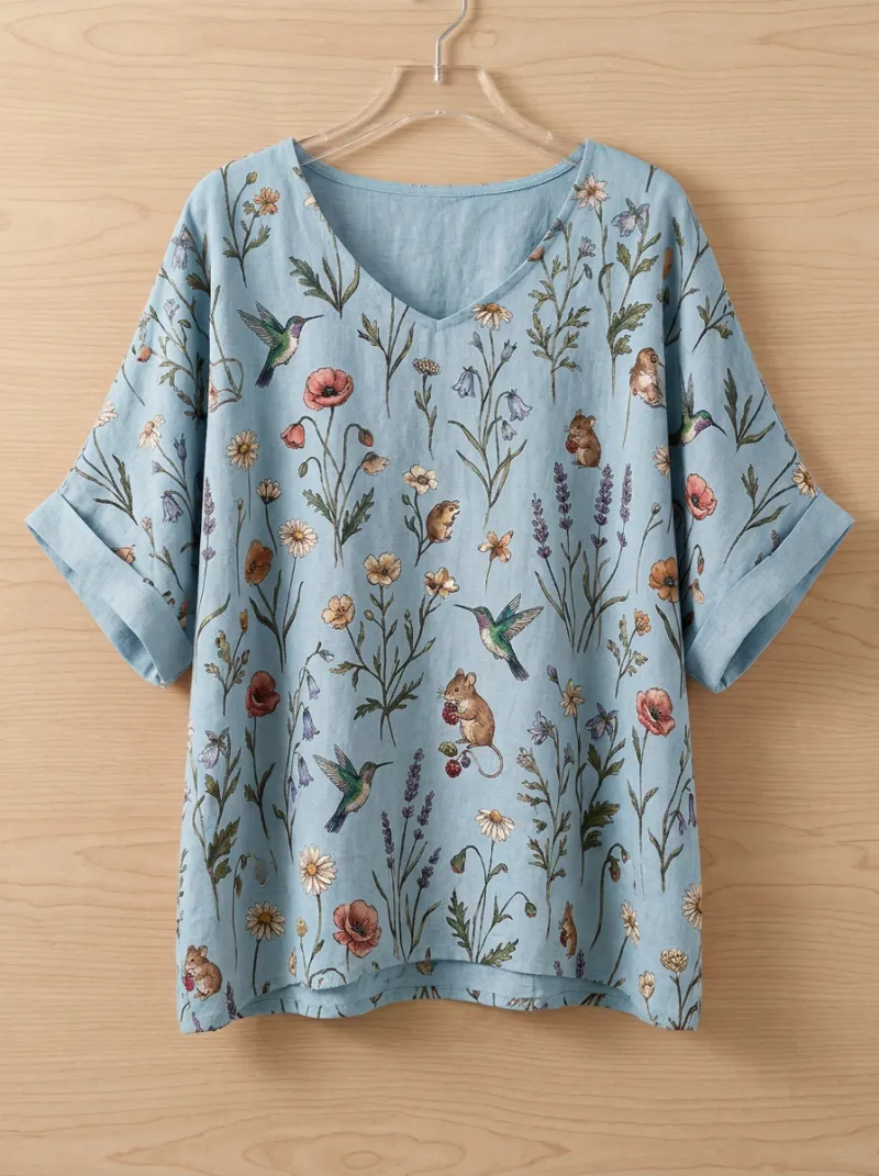 Hummingbird Floral V-Neck Women's Loose Printed Blouse
