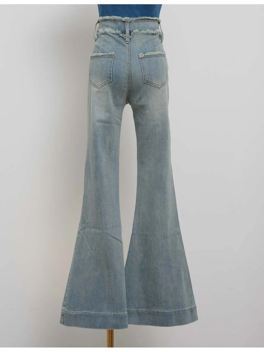 Vintage Raw Edge Waist Flared Leg Denim Pants