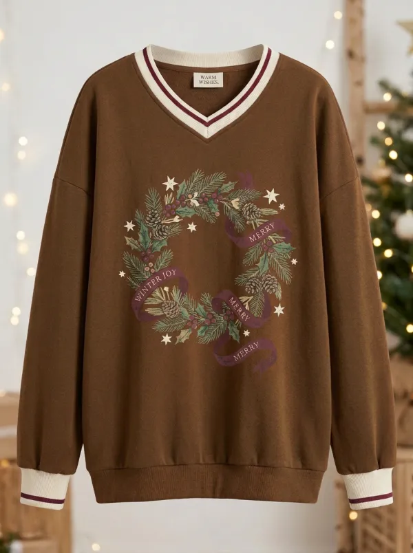 Christmas Holiday Wreath Pinecone Print V-Neck Sweatshirt