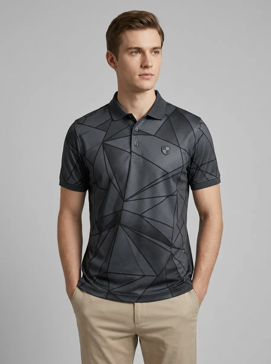 Men's Geometric Pattern Black Grey Printed Polo Shirt