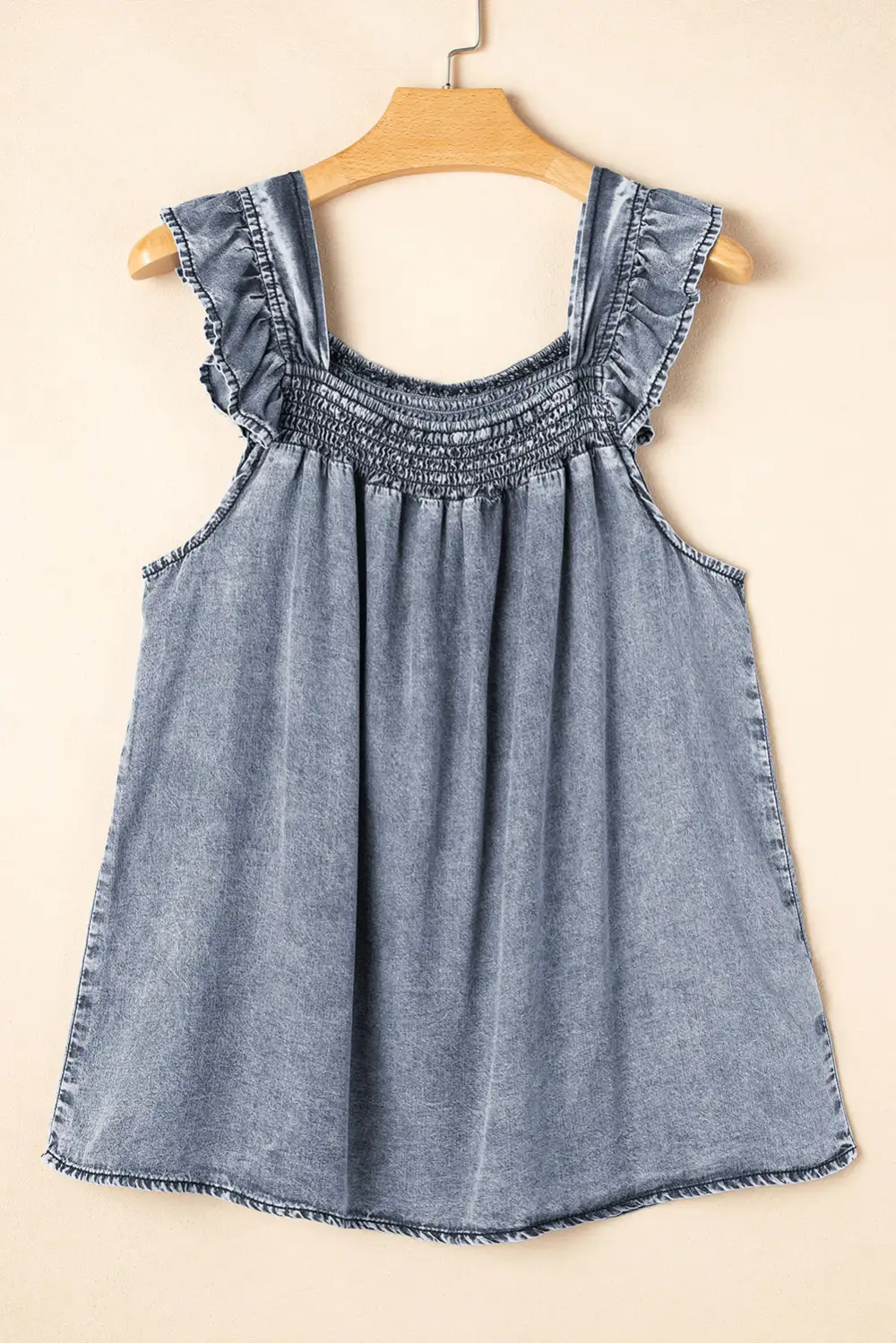 Ashleigh Ruffled Shirred Neckline Sleeveless Denim Tank Top