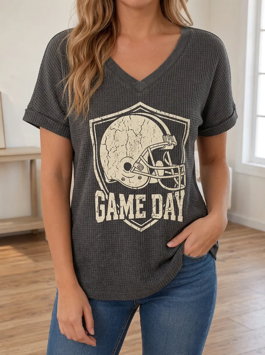 Women's Varsity Football Game Day Helmet Printed Waffle Knit Top