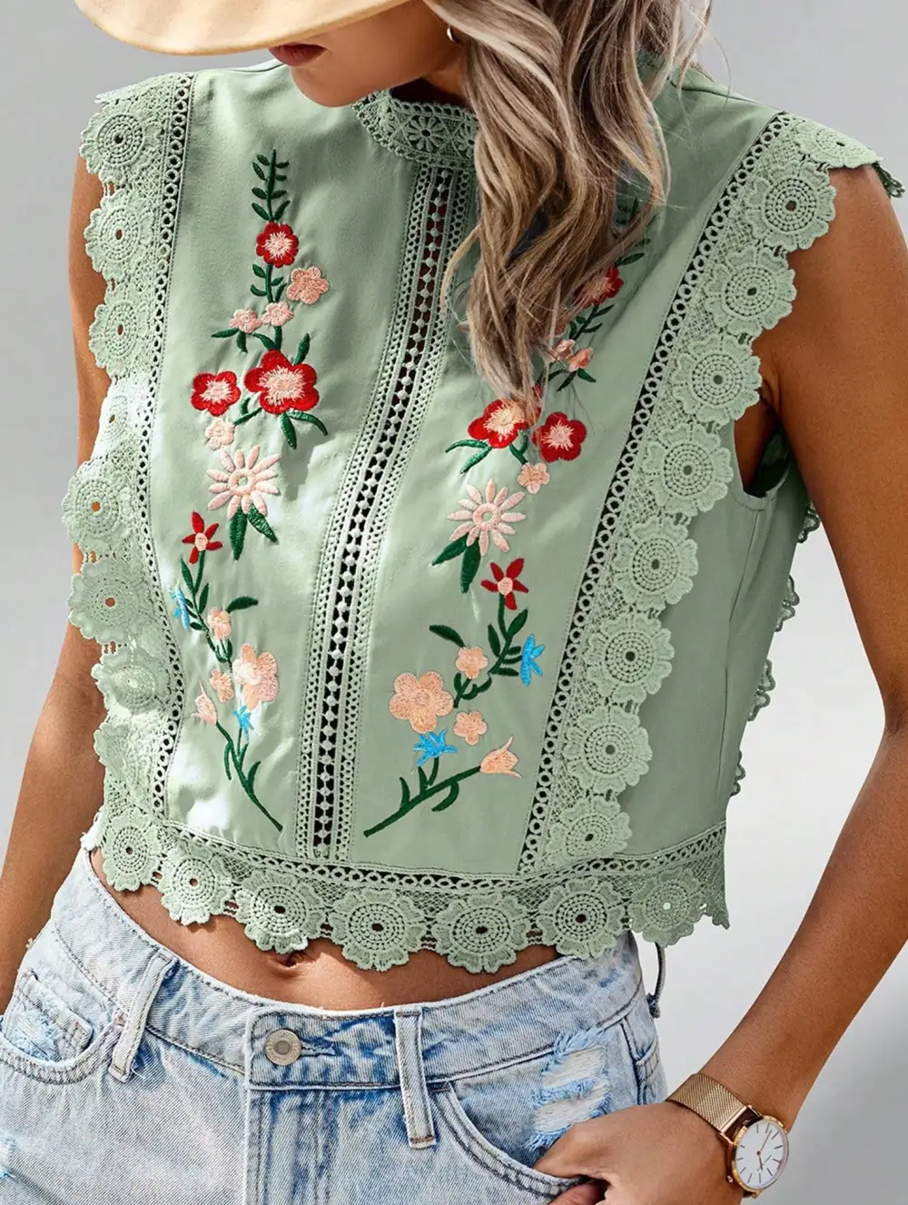 Lace Embroidered Sleeveless Blouse