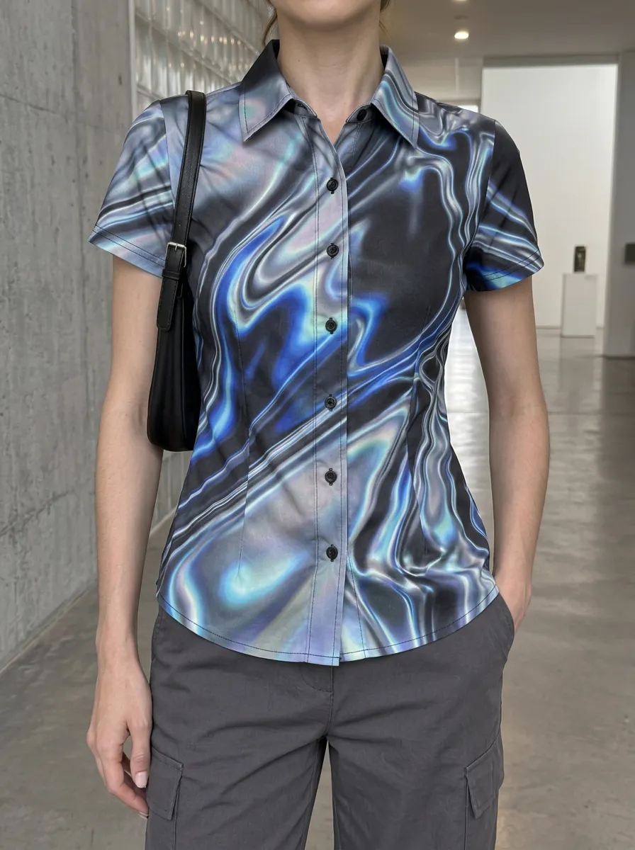 Women's Y2K Aesthetic Blue Liquid Marble Printed Shirt