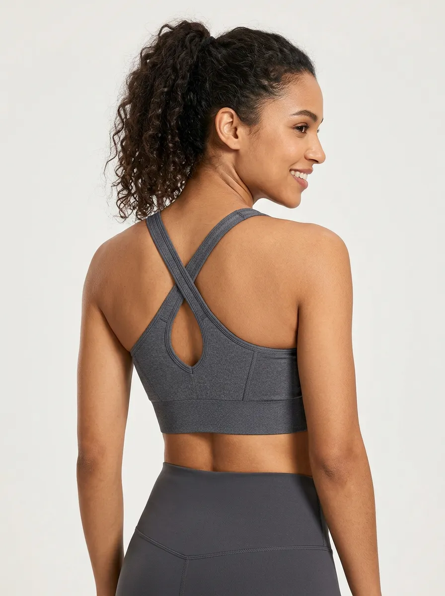 Women's Cross Back Sports Bra with Grey Solid Color Detail