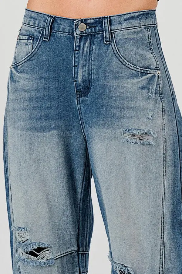 Relaxed Mid Rise Barrel Denim Pants