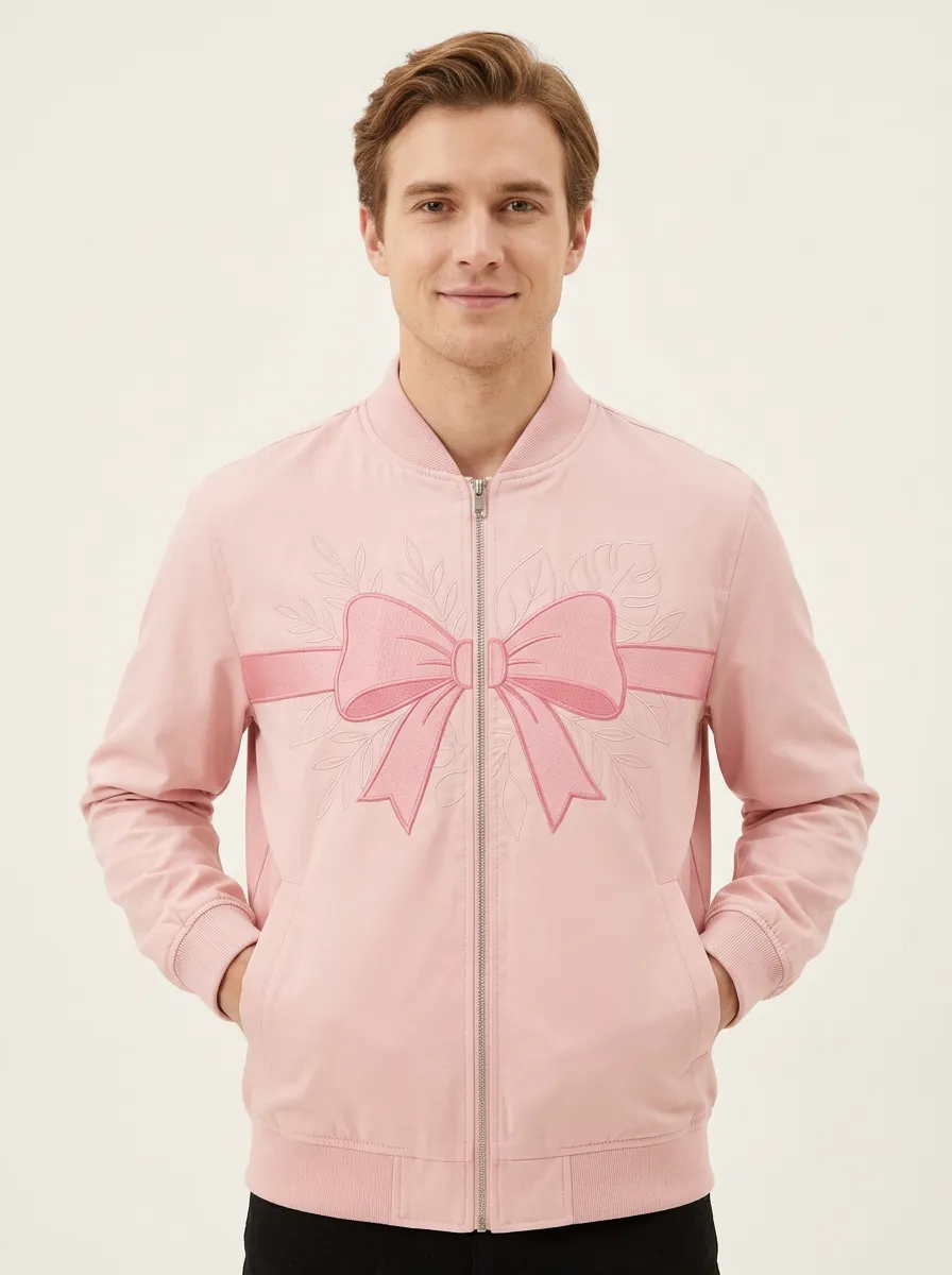 Unisex Pink Bow Ribbon Floral Graphic Print Bomber Jacket