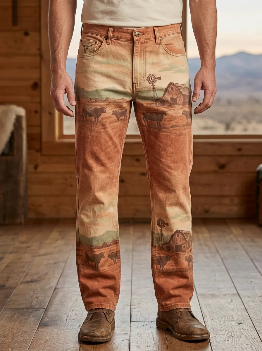 Men's Western Farm Cattle Windmill Printed Pants