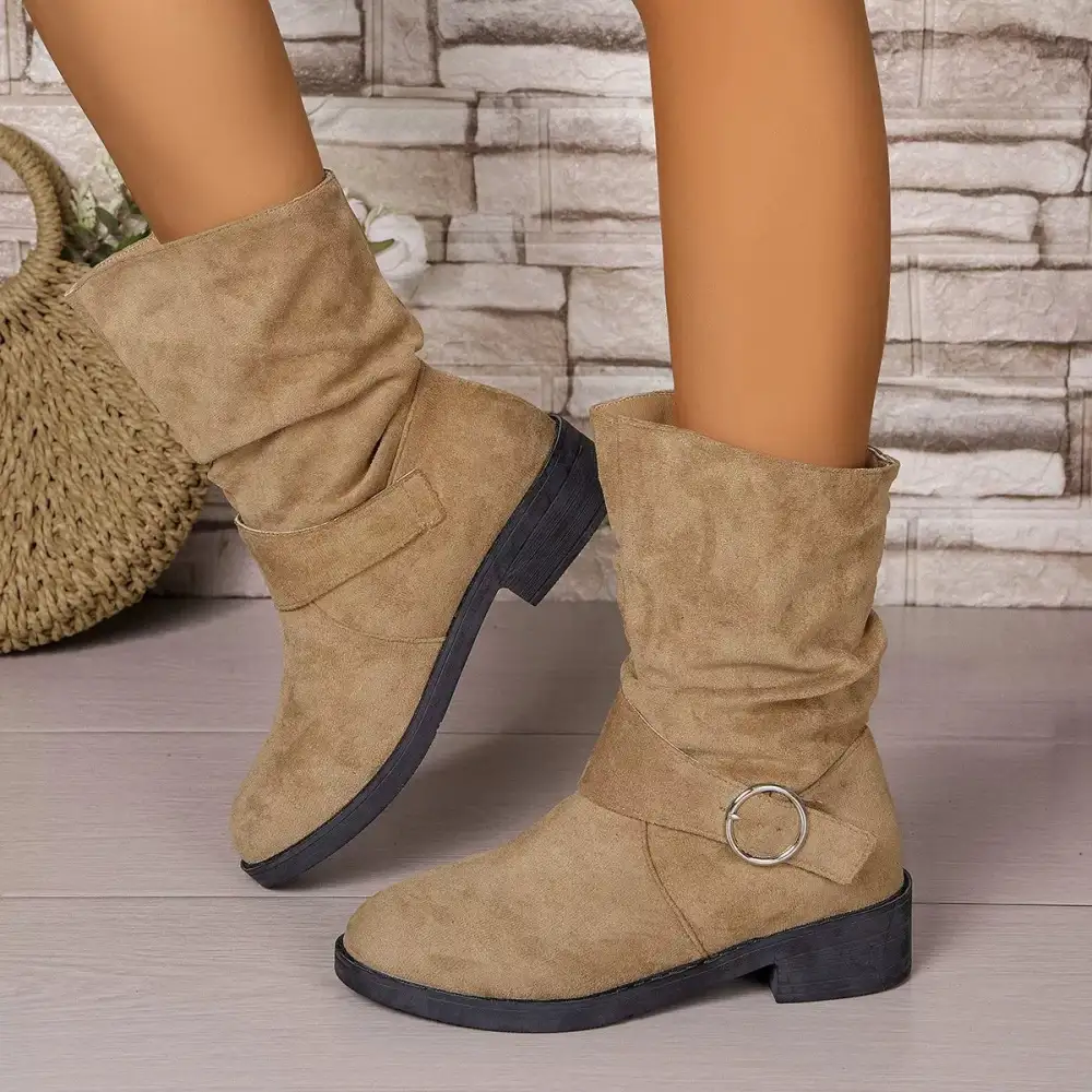 Tiered Round Toe Block Heels Boots