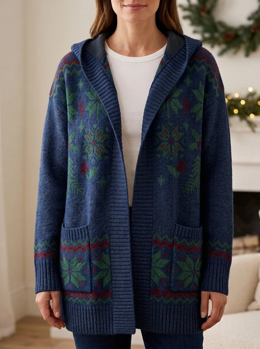 Christmas Snowflake Holly Print Hooded Cardigan