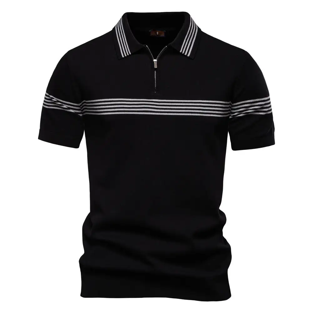 Striped Zip Front Fine Knit Polo Shirt