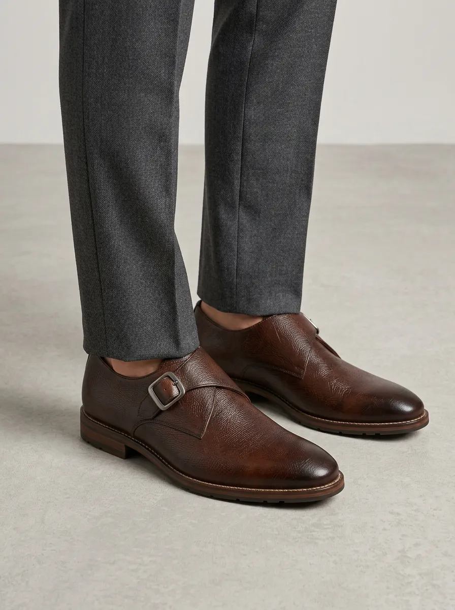 Men's Textured Leather Single Monk Strap Print Shoes