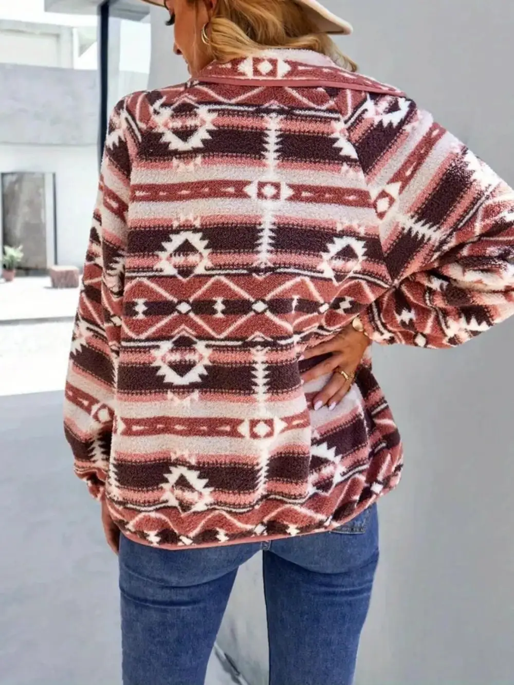 Aztec Print Fleece Snap Down Jacket