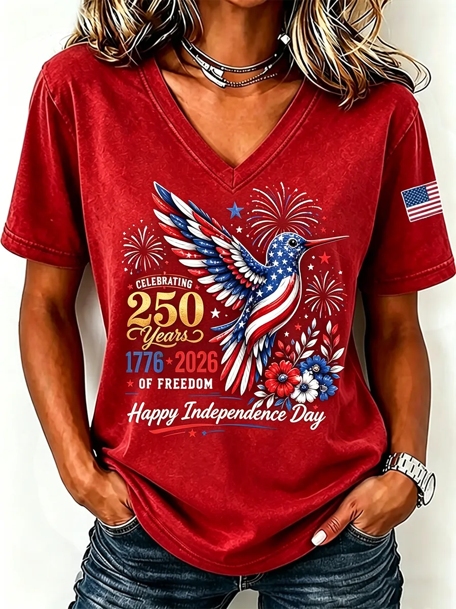 Women'S American Flag Hummingbird Printed Casual V-Neck T-Shirt