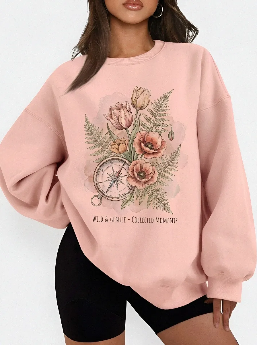 Women's Travel Nature Lover Compass Floral Printed Sweatshirt