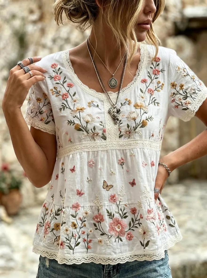 Women's Floral Butterfly Boho Embroidered Printed T-shirt