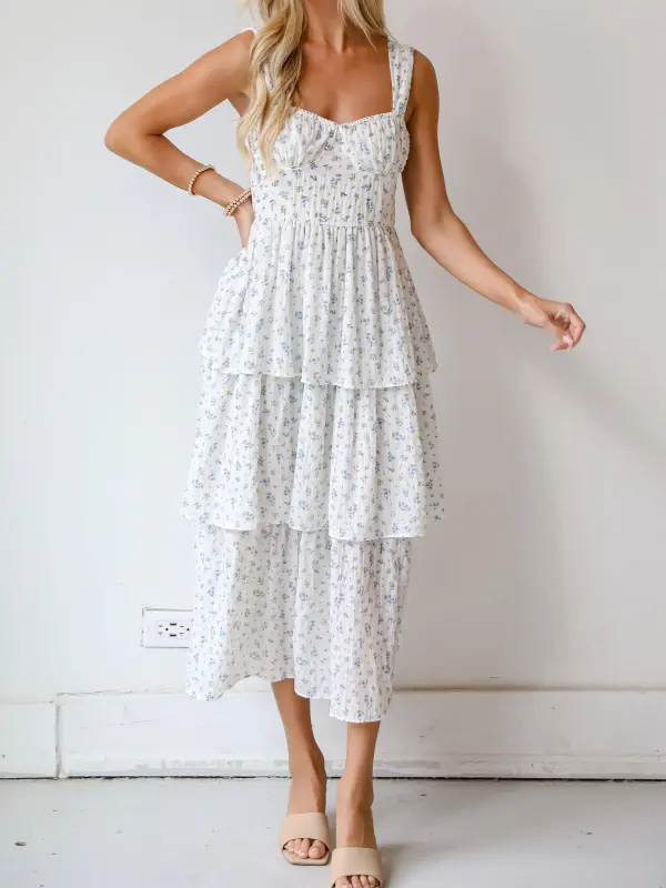 Ivory Floral Tiered Midi Dress
