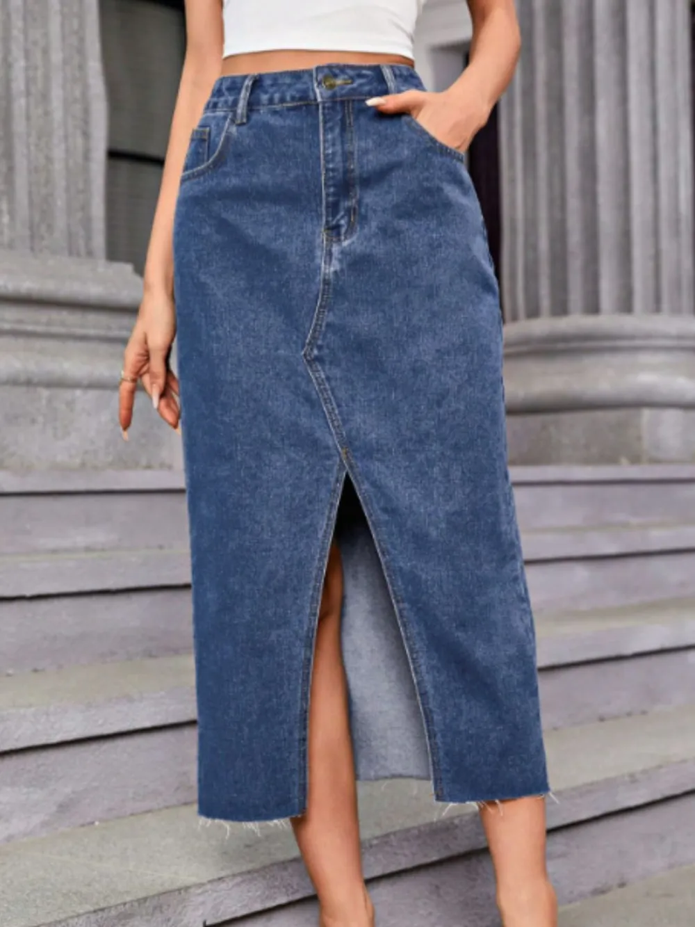Layered Denim Cotton Blend Detail Skirt