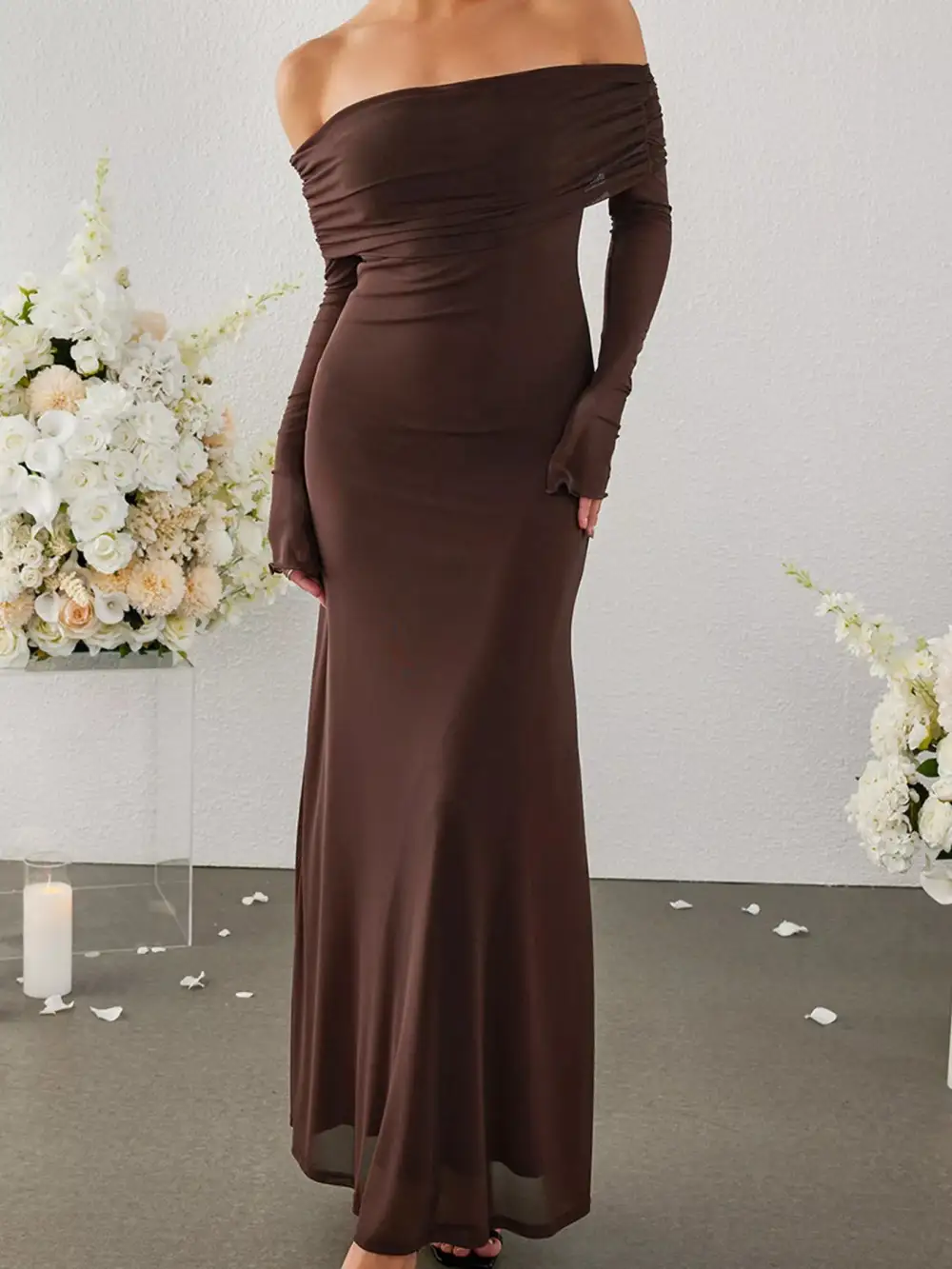 Off Shoulder Ruched Long Sleeve Maxi Dress