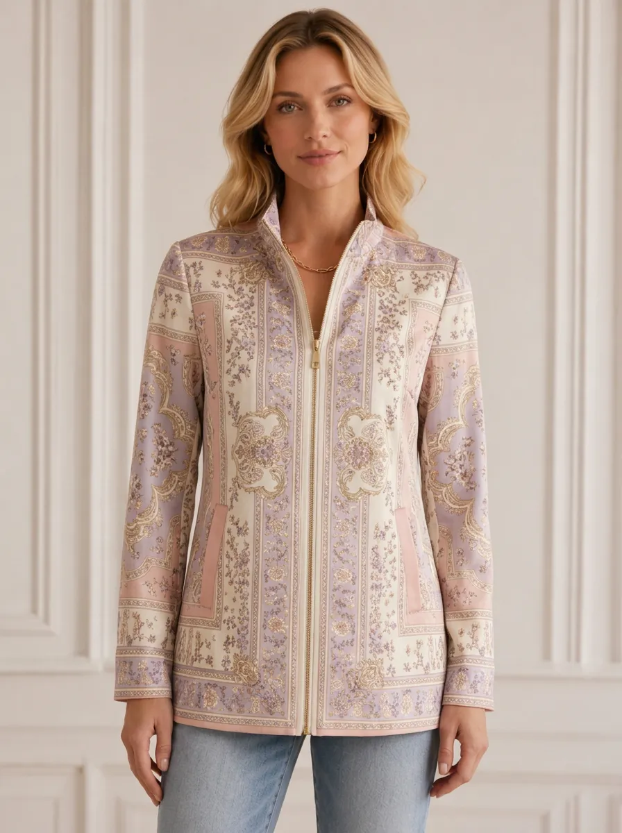 Women's Vintage Floral Paisley High Collar Zip Jacket