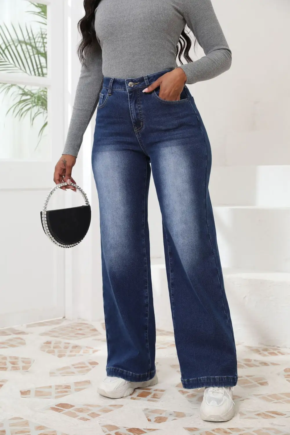 Fleece Lined High Waist Straight Wide Leg Jeans