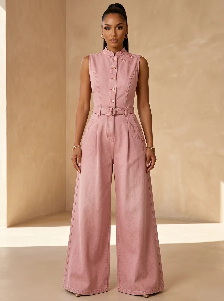 Pink Modern Floral Embroidered Sleeveless Denim Jumpsuit