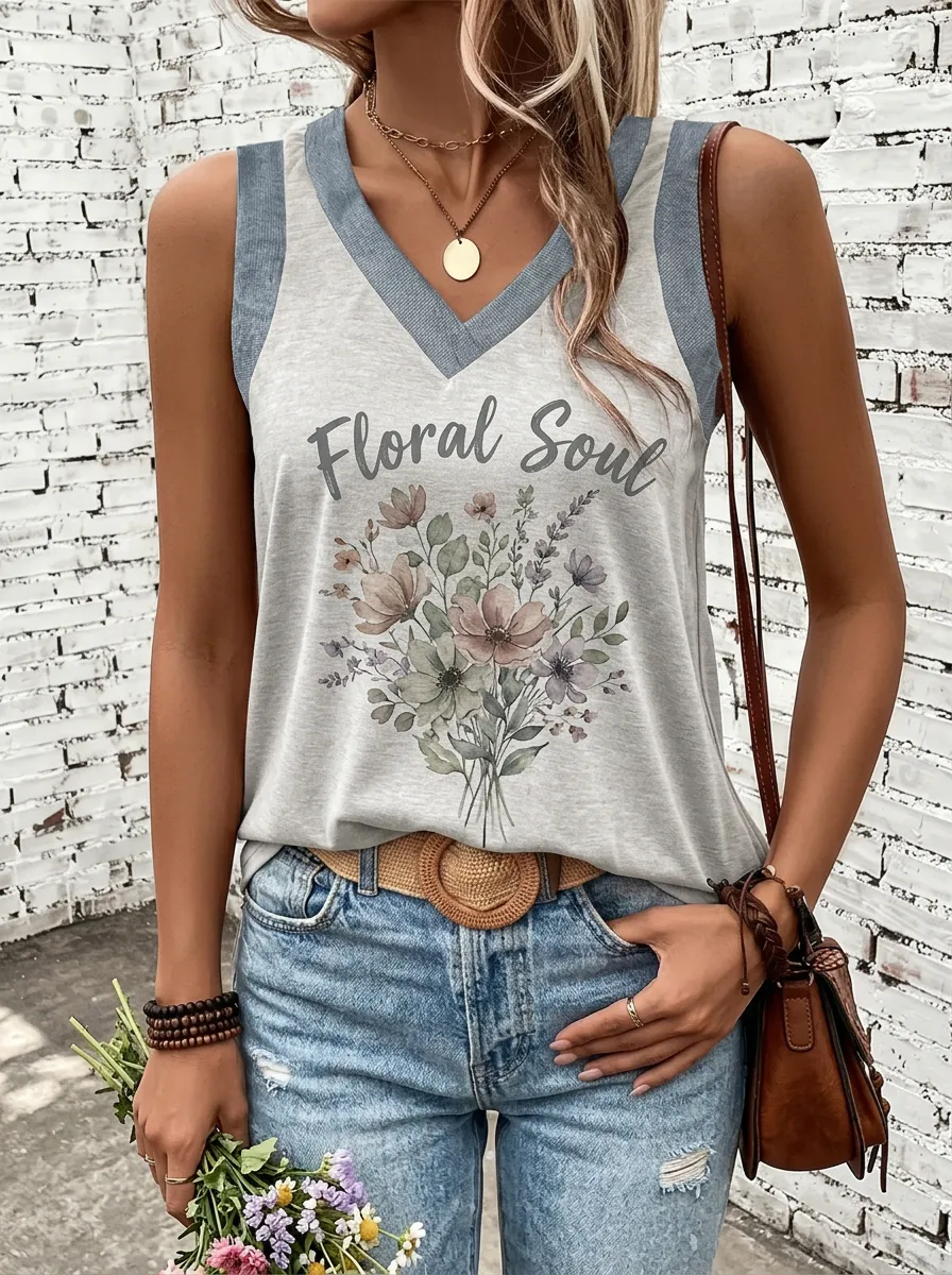 Women's Floral Soul Bouquet Printed V-Neck Tank Top