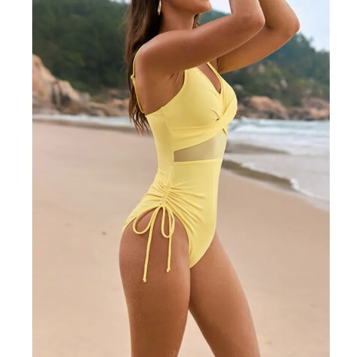 Women's Crisscross Ruched V-Neck Drawstring One-Piece Swimsuit
