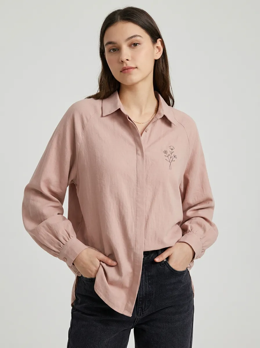 Women's Minimalist Floral Line Art Printed Pink Shirt