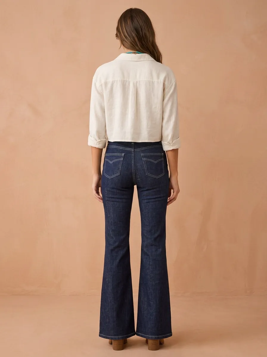 Women's Vintage Style High-Waisted Contrast Stitch Flare Jeans