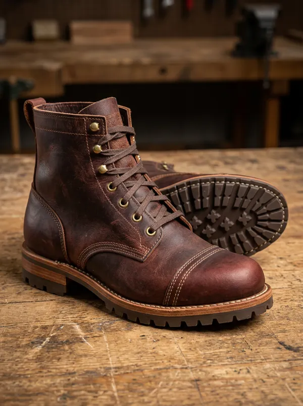 Men's Vintage Brown Leather Cap Toe Lace-up Boots