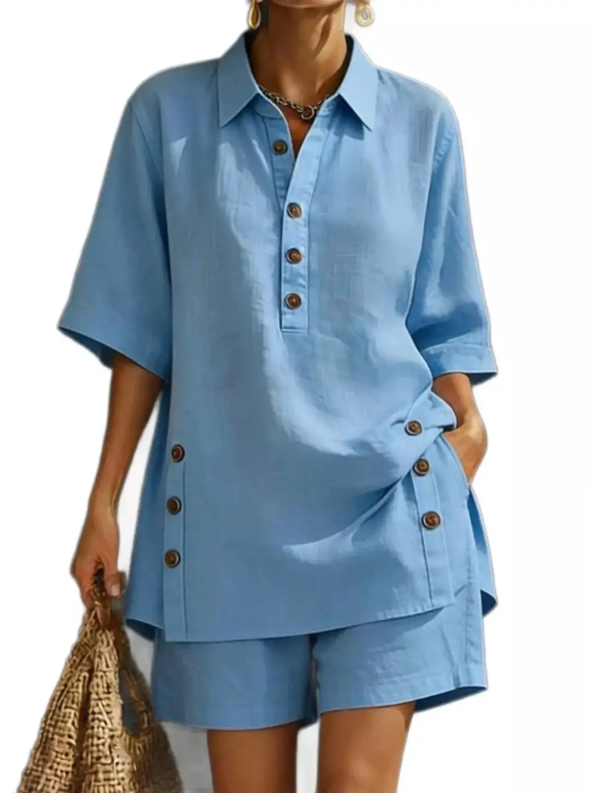 Pocketed Linen Shirt and Shorts Matching Set